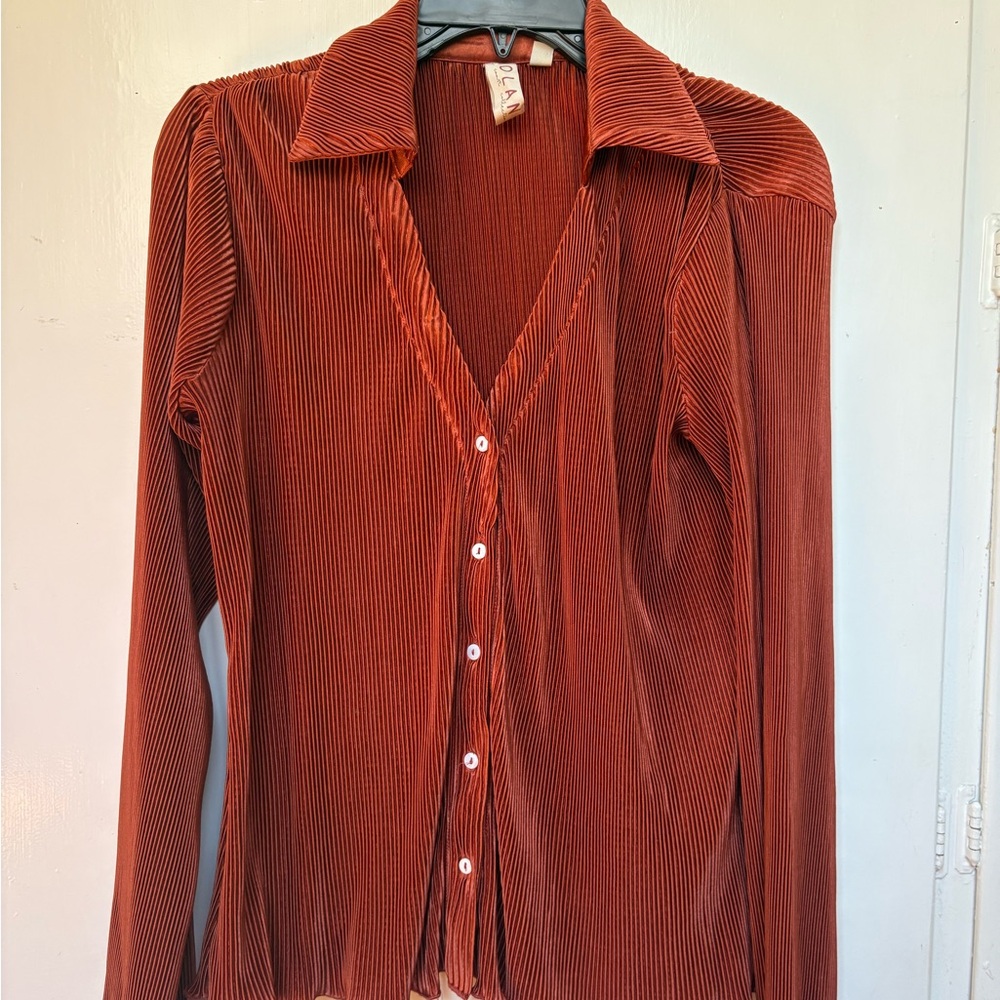 Anthropologie Rust Button-Up Pleated Top